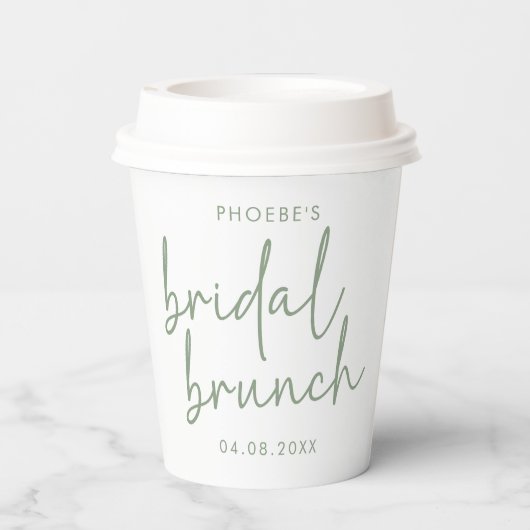 Salie en Wit Minimalistisch Script Bruids Brunch Papieren Bekers (Achterkant)