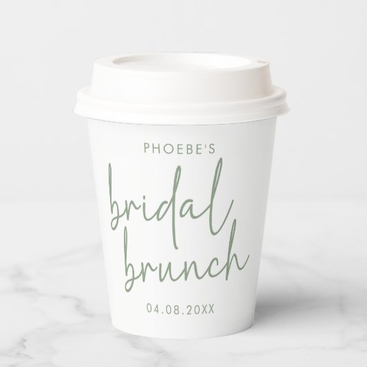 Salie en Wit Minimalistisch Script Bruids Brunch Papieren Bekers (Voorkant)