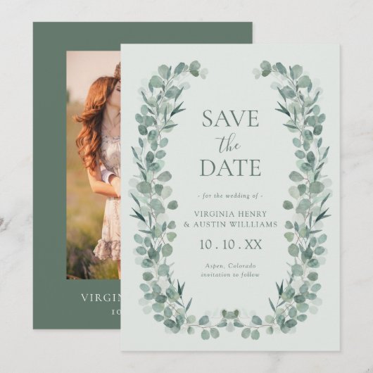 Salie Eucalyptus Foto Bewaar de datum Save The Date (Voorkant / Achterkant)