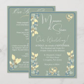 Salie, Gele & Blauwe Tinten Bloemen Bruiloft Kaart (Voorkant / Achterkant)