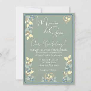 Salie, Gele & Blauwe Tinten Bloemen Bruiloft Kaart