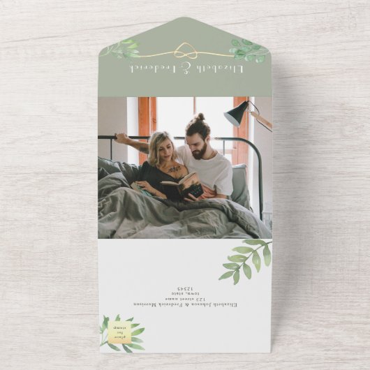 Salie Green Eucalyptus Botanische bruiloft All In One Uitnodiging (Buitenkant)