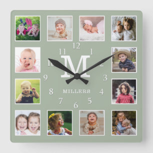 Salie Groen 12 Foto Collage Familienaam Monogram Vierkante Klok