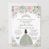 Salie Groen Baby Roze Bloemen Zilver Quinceañera Kaart (Voorkant)