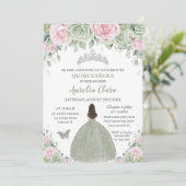 Salie Groen Baby Roze Bloemen Zilver Quinceañera Kaart (Staand voorkant)