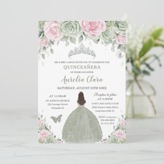 Salie Groen Baby Roze Bloemen Zilver Quinceañera Kaart (Staand voorkant)