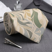 Salie Groen Beige Abstract Bladpatroon Stropdas