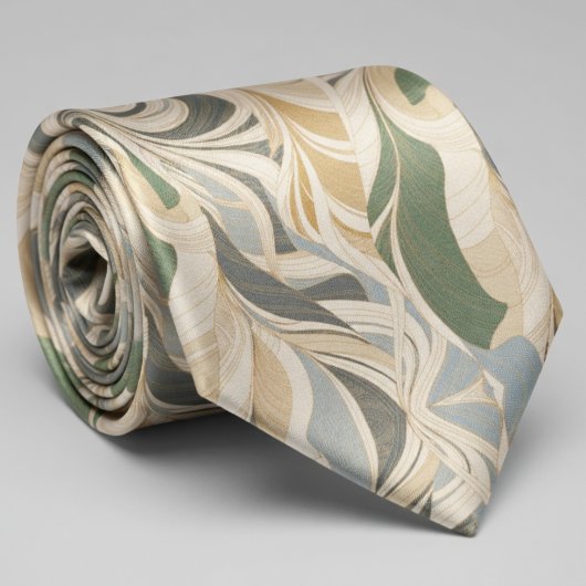 Salie Groen Beige Abstract Bladpatroon Stropdas