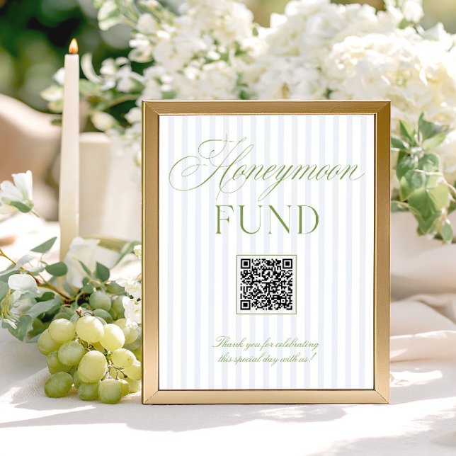 Salie Groen & Blauw Honeymoon Fonds QR Code Bord (Sage Green & Blue Honeymoon Fund QR Code Sign)