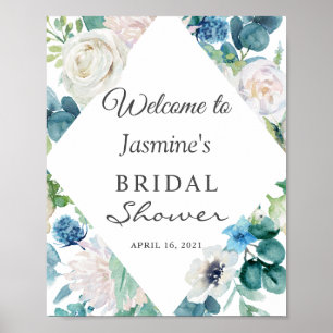 Salie Groen Blauw Wit Bloemstuk Bruidsdouche Bord Poster