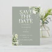 Salie groen bloem typografie bruiloft save the date (Staand voorkant)