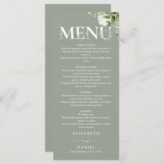 Salie groen bloem typografie monogram bruiloft menu (Voorkant / Achterkant)