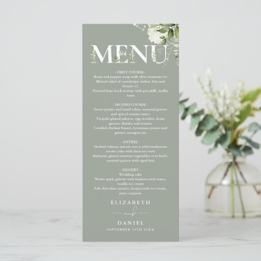 Salie groen bloem typografie monogram bruiloft menu (Staand voorkant)