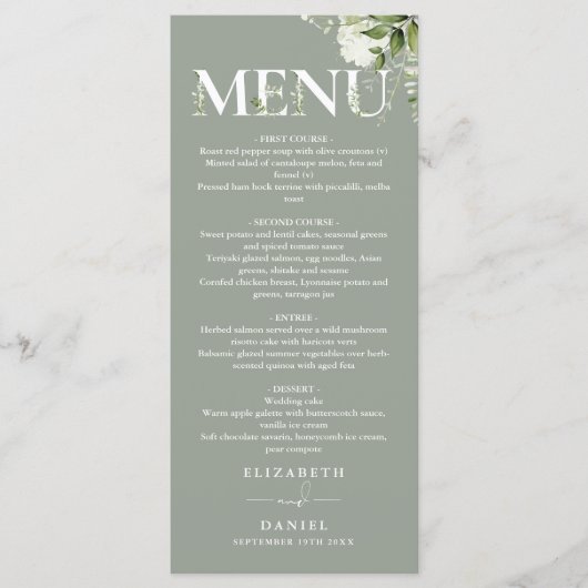 Salie groen bloem typografie monogram bruiloft menu (Voorkant)