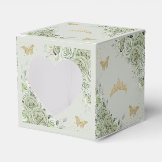 Salie Groen Bloemen Gouden Vlinders Quince XV Mini Bedankdoosjes (Voorkant Zijde)