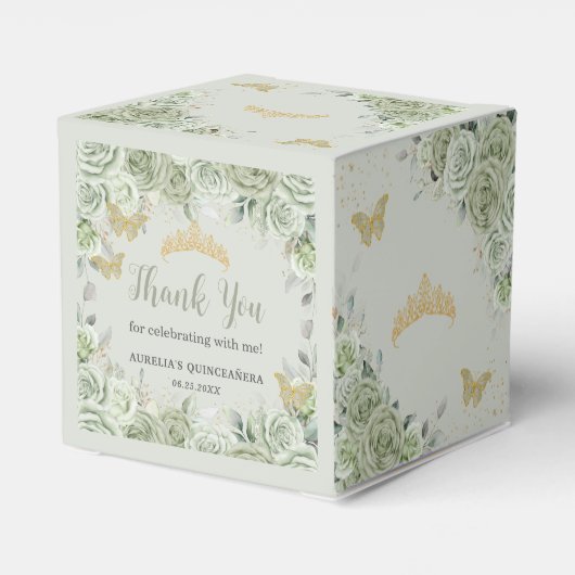 Salie Groen Bloemen Gouden Vlinders Quince XV Mini Bedankdoosjes (Achterkant)