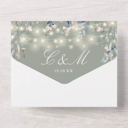 Salie Groen Bloemen Groen String Lights Bruiloft All In One Uitnodiging (Achterkant)