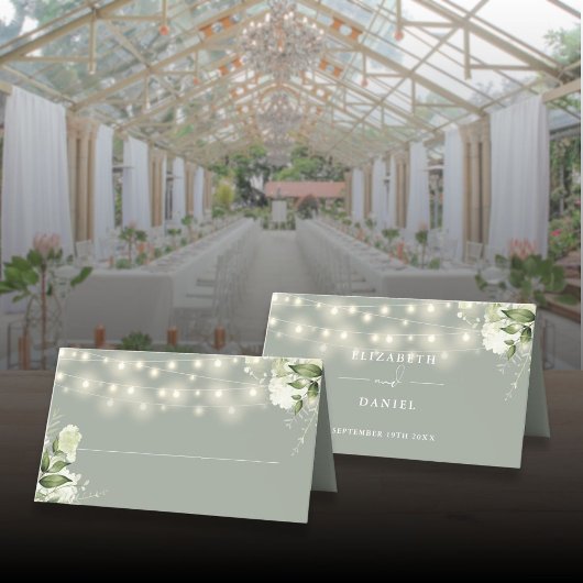 Salie Groen Bloemen Groen String Lights Bruiloft Plaatskaartje
