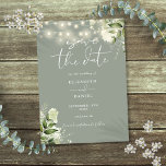 Salie Groen Bloemen Groen String Lights Bruiloft Save The Date<br><div class="desc">Deze elegante salie groene groen bloemensave-the-date uitnodiging kan worden gepersonaliseerd met uw informatie in chique typografie. Ontworpen door Thisnotme©</div>