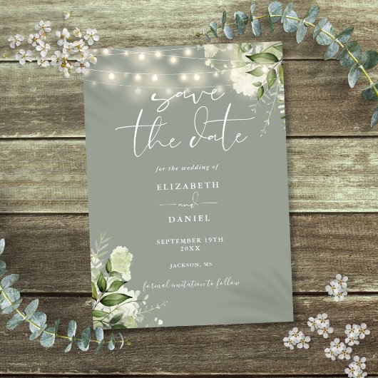 Salie Groen Bloemen Groen String Lights Bruiloft Save The Date