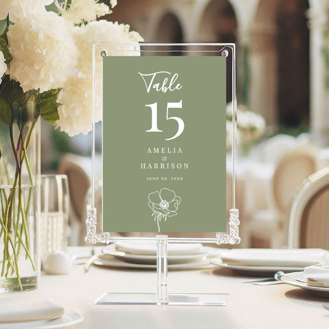 Salie Groen Bloemen Huwelijk 5x7 Tafelnummer (Sage Green Floral Wedding 5x7 Table Number with Line Art Flower, Couple Names, Wedding Date.)