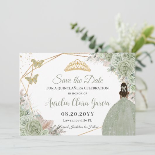 Salie Groen Bloemen Pampas Gras Quinceanera Goud Save The Date (Staand voorkant)