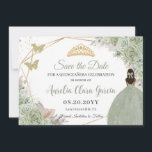 Salie Groen Bloemen Pampas Gras Quinceanera Goud Save The Date<br><div class="desc">Klik op de knop Bewerken met ontwerpgereedschappen om de tekst, de tekst, de tekst, de lettertypestijl, de tekengrootte en de kleur van het lettertype verder te bewerken, meer tekst toe te voegen, afbeeldingen te verplaatsen of te verwijderen. De vlinders, kweepeer meisje en kroon zijn beweegbaar, resizable, multipliable en verwijderbaar. Overeenkomende...</div>