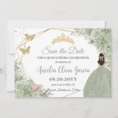 Salie Groen Bloemen Pampas Gras Quinceanera Goud Save The Date (Voorkant)