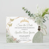 Salie Groen Bloemen Pampas Gras Quinceanera Goud Save The Date (Staand voorkant)