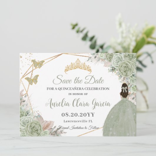 Salie Groen Bloemen Pampas Gras Quinceanera Goud Save The Date (Staand voorkant)