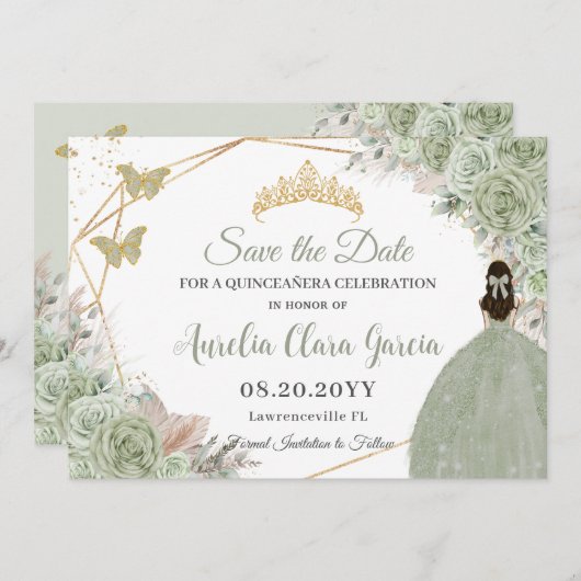 Salie Groen Bloemen Pampas Gras Quinceanera Goud Save The Date (Voorkant / Achterkant)