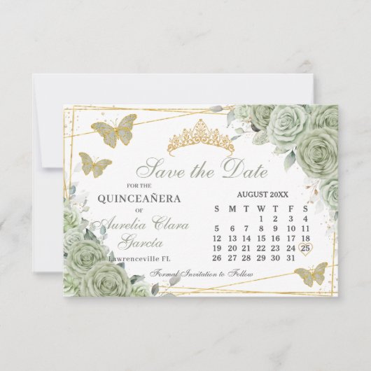 Salie Groen Bloemen Quinceanera Sweet 16 Kalender Save The Date (Voorkant)