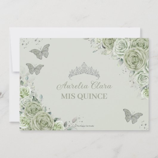 Salie Groen Bloemen Zilver Quinceanera Zoet Zestie Save The Date (Achterkant)