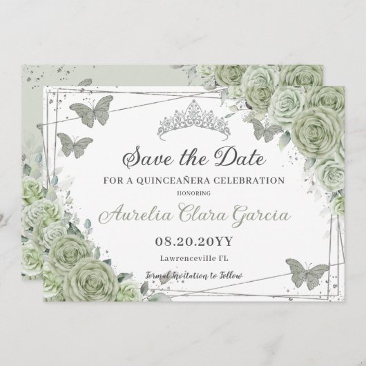 Salie Groen Bloemen Zilver Quinceanera Zoet Zestie Save The Date (Voorkant / Achterkant)