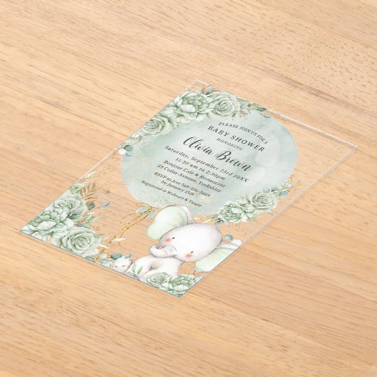 Salie Groen Bloemenolifant Neutraal Baby shower Acryl Uitnodigingen (Laagn)
