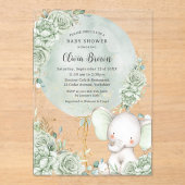 Salie Groen Bloemenolifant Neutraal Baby shower Acryl Uitnodigingen (Voorkant)