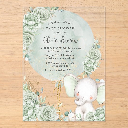 Salie Groen Bloemenolifant Neutraal Baby shower Acryl Uitnodigingen (Voorkant)