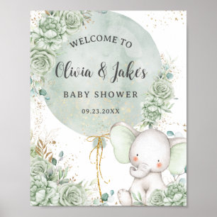 Salie Groen Bloemenolifant Neutraal Baby shower Poster