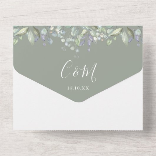 Salie groen bloemenscript monogram bruiloft all in one uitnodiging (Achterkant)