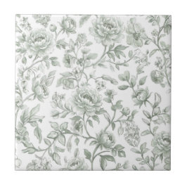 Salie groen bloemmotief vintage toile patroon tegeltje