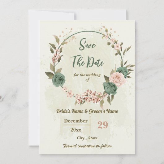 Salie Groen & Blush Bloemen Botanisch Save The Date (Voorkant)