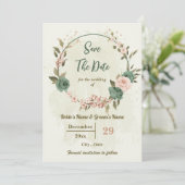 Salie Groen & Blush Bloemen Botanisch Save The Date (Staand voorkant)