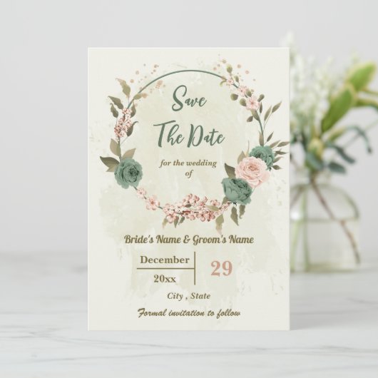 Salie Groen & Blush Bloemen Botanisch Save The Date (Staand voorkant)