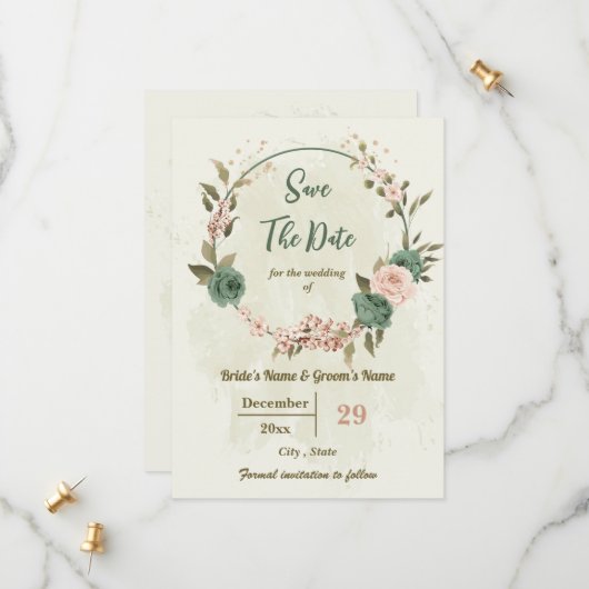 Salie Groen & Blush Bloemen Botanisch Save The Date (Voorkant / Achterkant in situ)