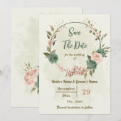 Salie Groen & Blush Bloemen Botanisch Save The Date (Voorkant / Achterkant)