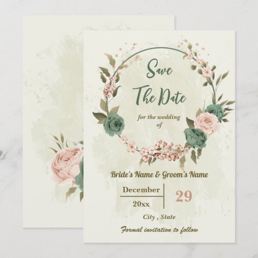 Salie Groen & Blush Bloemen Botanisch Save The Date (Voorkant / Achterkant)