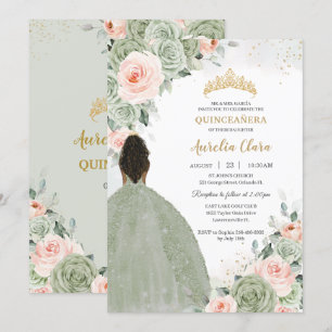 Salie Groen Blush Bloemen Goud Quinceañera Sweet 1 Kaart