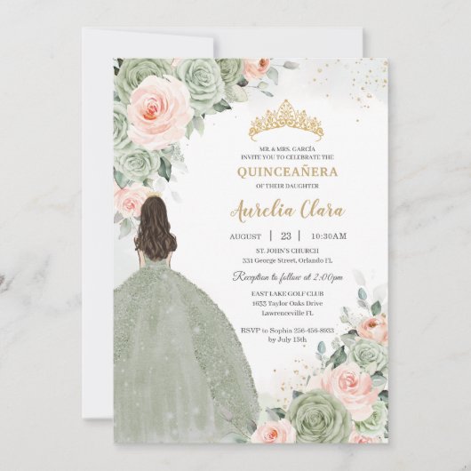 Salie Groen Blush Bloemen Goud Quinceañera Sweet 1 Kaart (Voorkant)