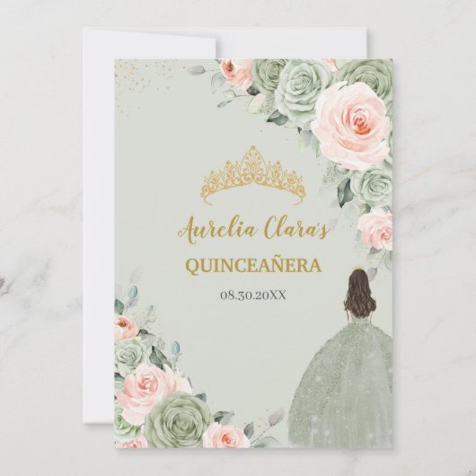 Salie Groen Blush Bloemen Goud Quinceañera Sweet 1 Kaart (Achterkant)
