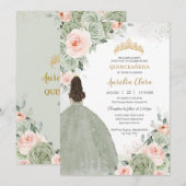 Salie Groen Blush Bloemen Goud Quinceañera Sweet 1 Kaart (Voorkant / Achterkant)